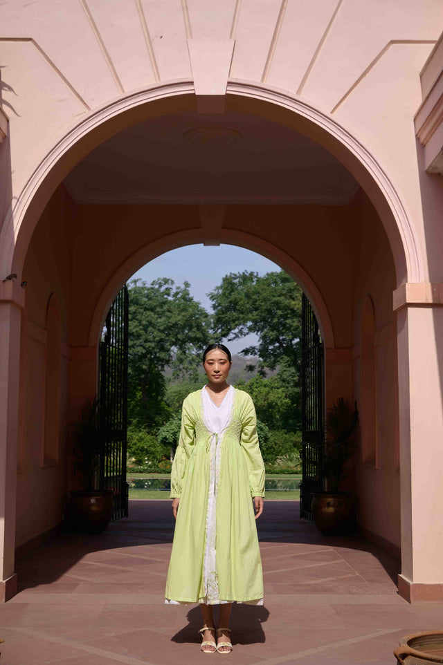 Rose Dress and Jacket Set - Green and White Cotton and Chanderi