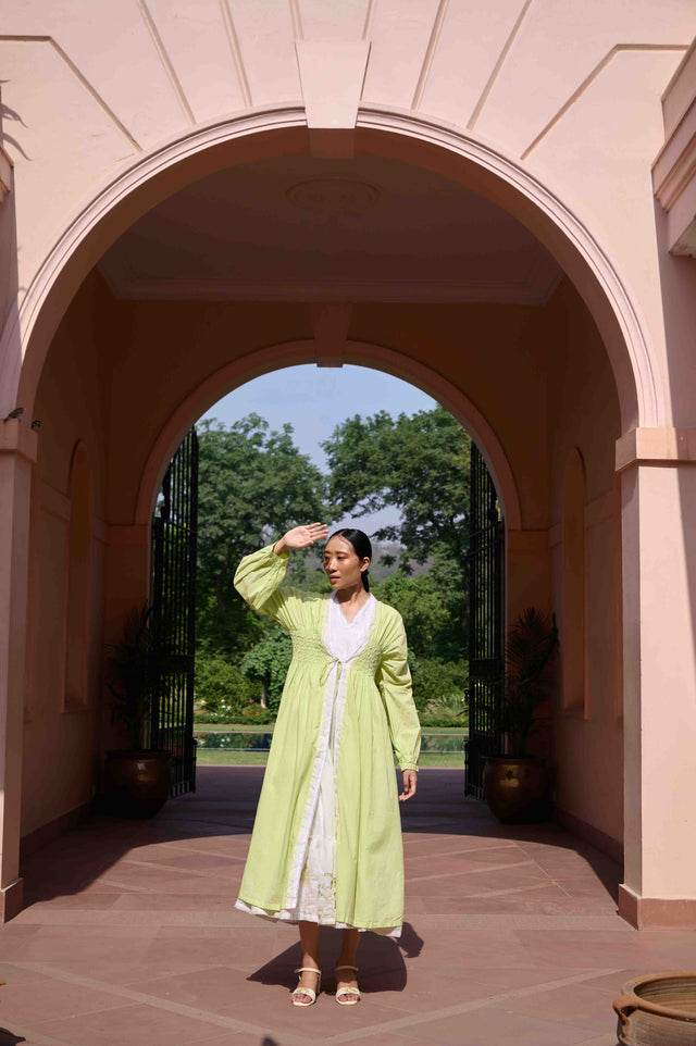 Rose Dress and Jacket Set - Green and White Cotton and Chanderi