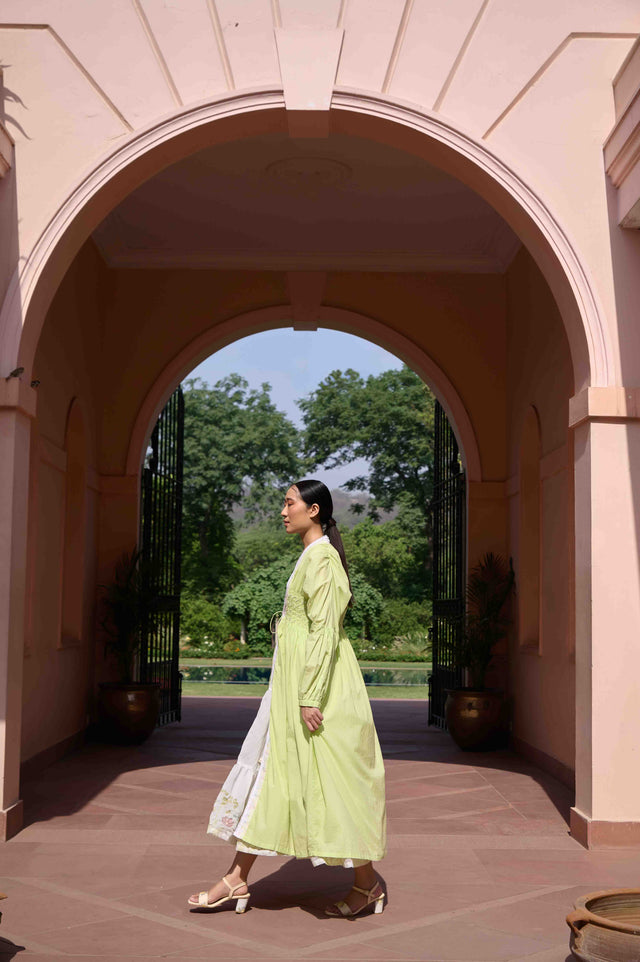 Rose Dress and Jacket Set - Green and White Cotton and Chanderi