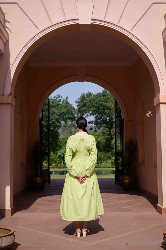 Rose Dress and Jacket Set - Green and White Cotton and Chanderi