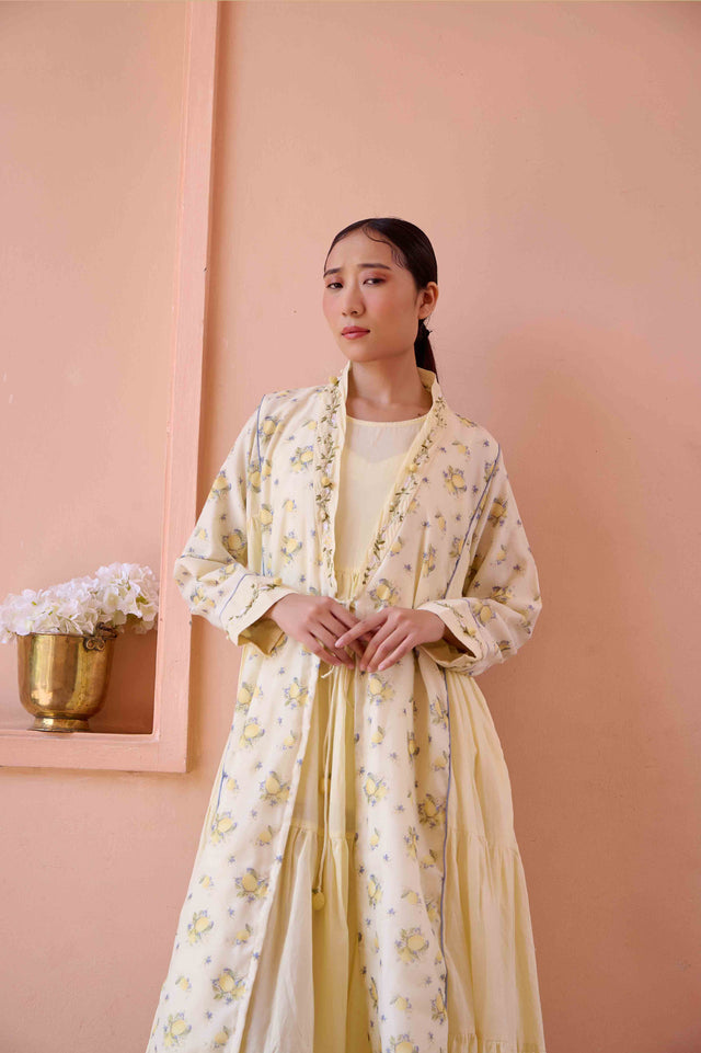 Amily Dress and Jacket Set - Lemon Print Cotton and Chanderi