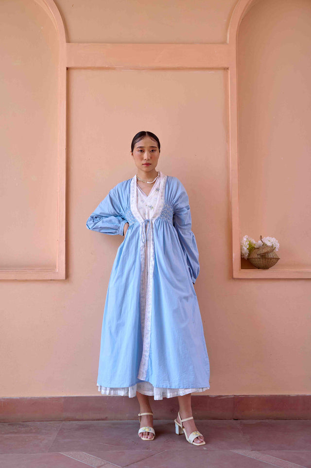 Rose Dress and Jacket Set - Blue and White Cotton and Chanderi