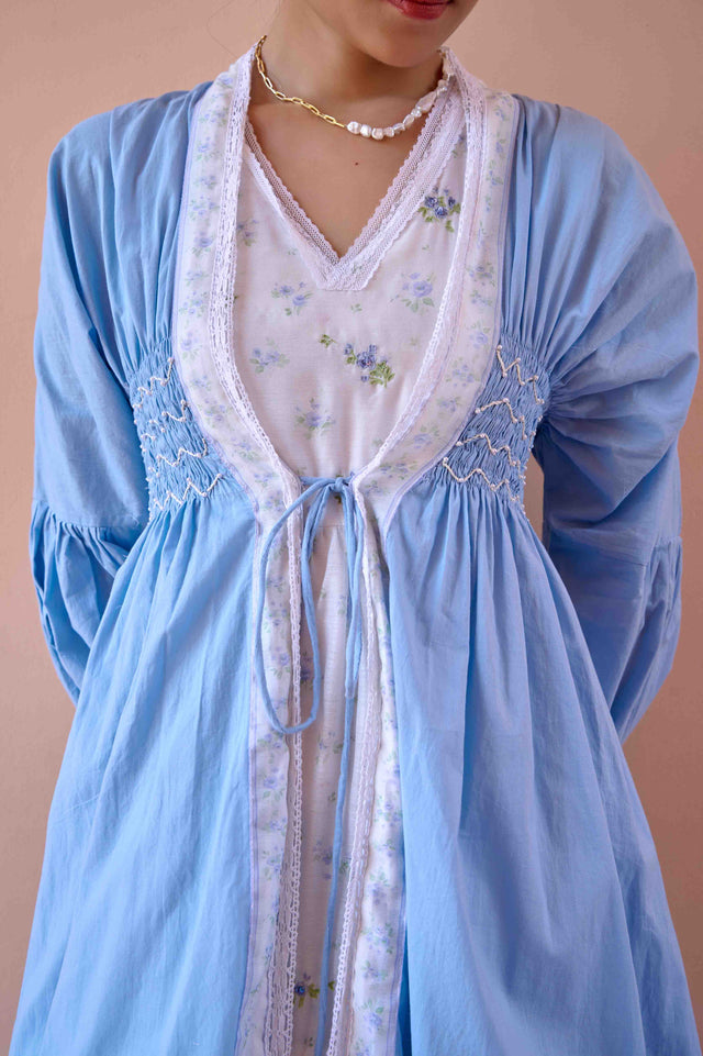 Rose Dress and Jacket Set - Blue and White Cotton and Chanderi