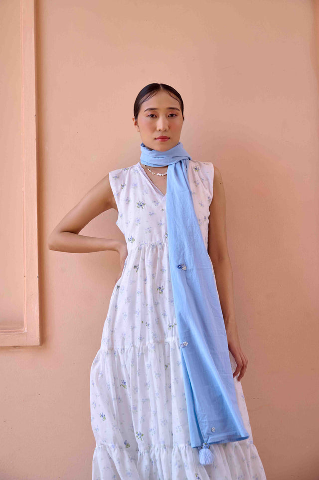 Rose Dress and Jacket Set - Blue and White Cotton and Chanderi