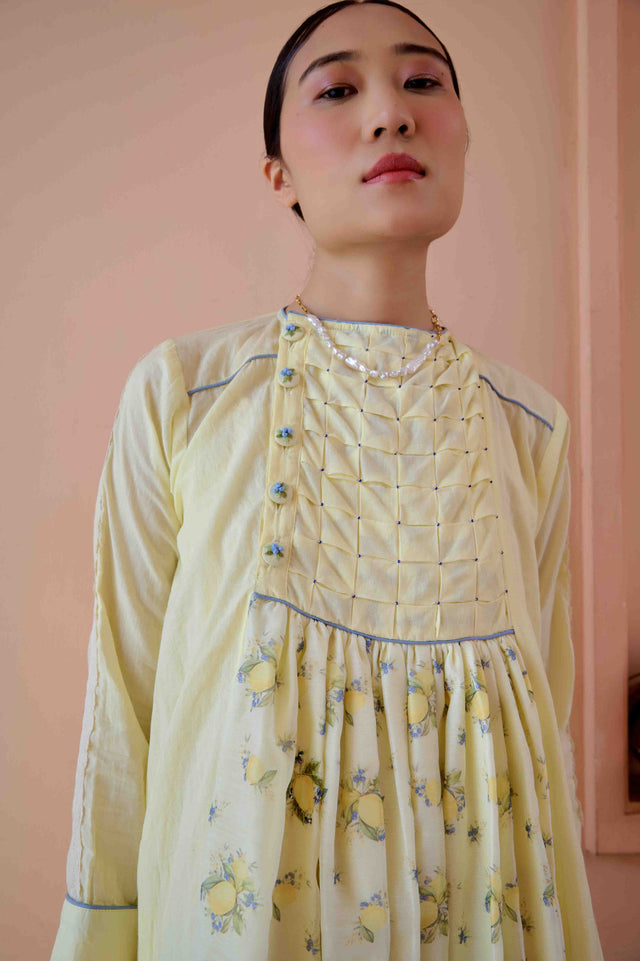 Zeno Dress - Lemon Printed Cotton and Chanderi