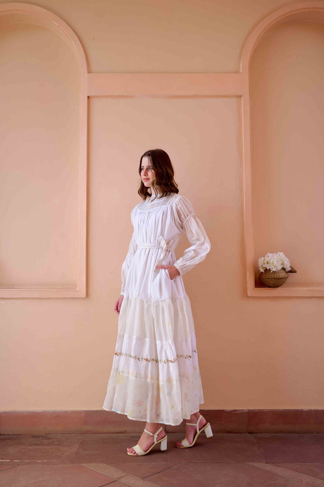 Irene Dress - White Cotton and Chanderi