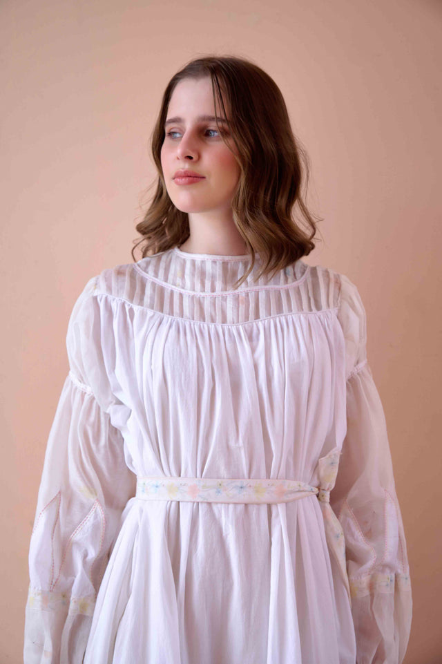 Irene Dress - White Cotton and Chanderi