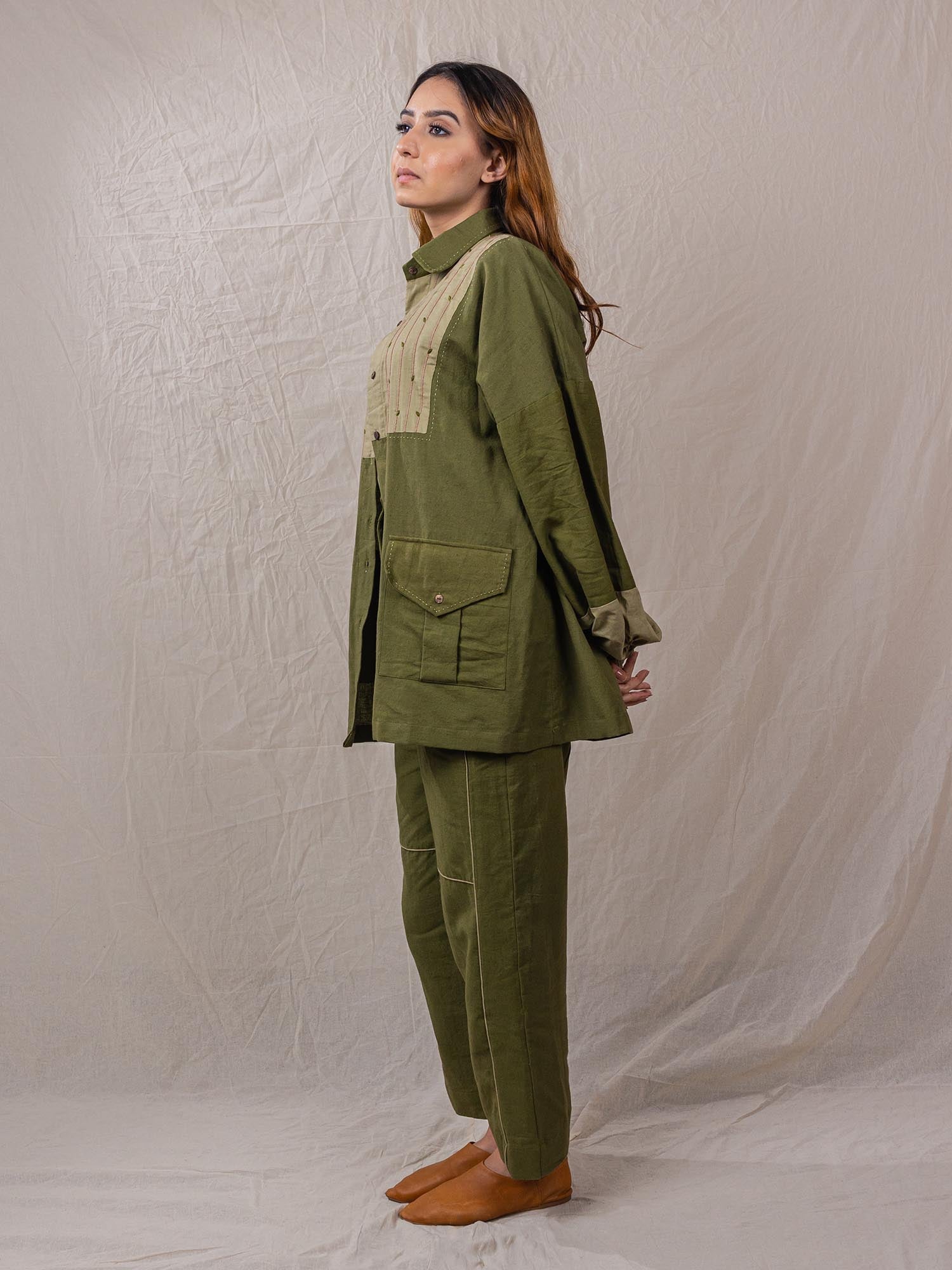 three piece set top jacket and pants green colour side